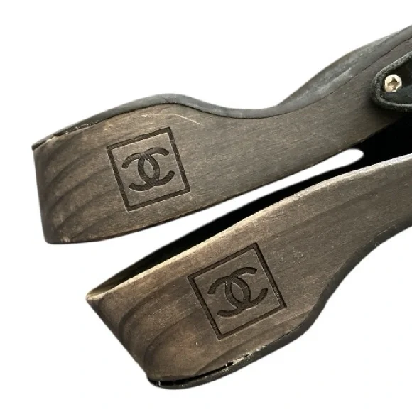 CHANEL Interlocking CC Logo Suede Slide Wood Clog Mule sandals 38 Black - Picture 3 of 8